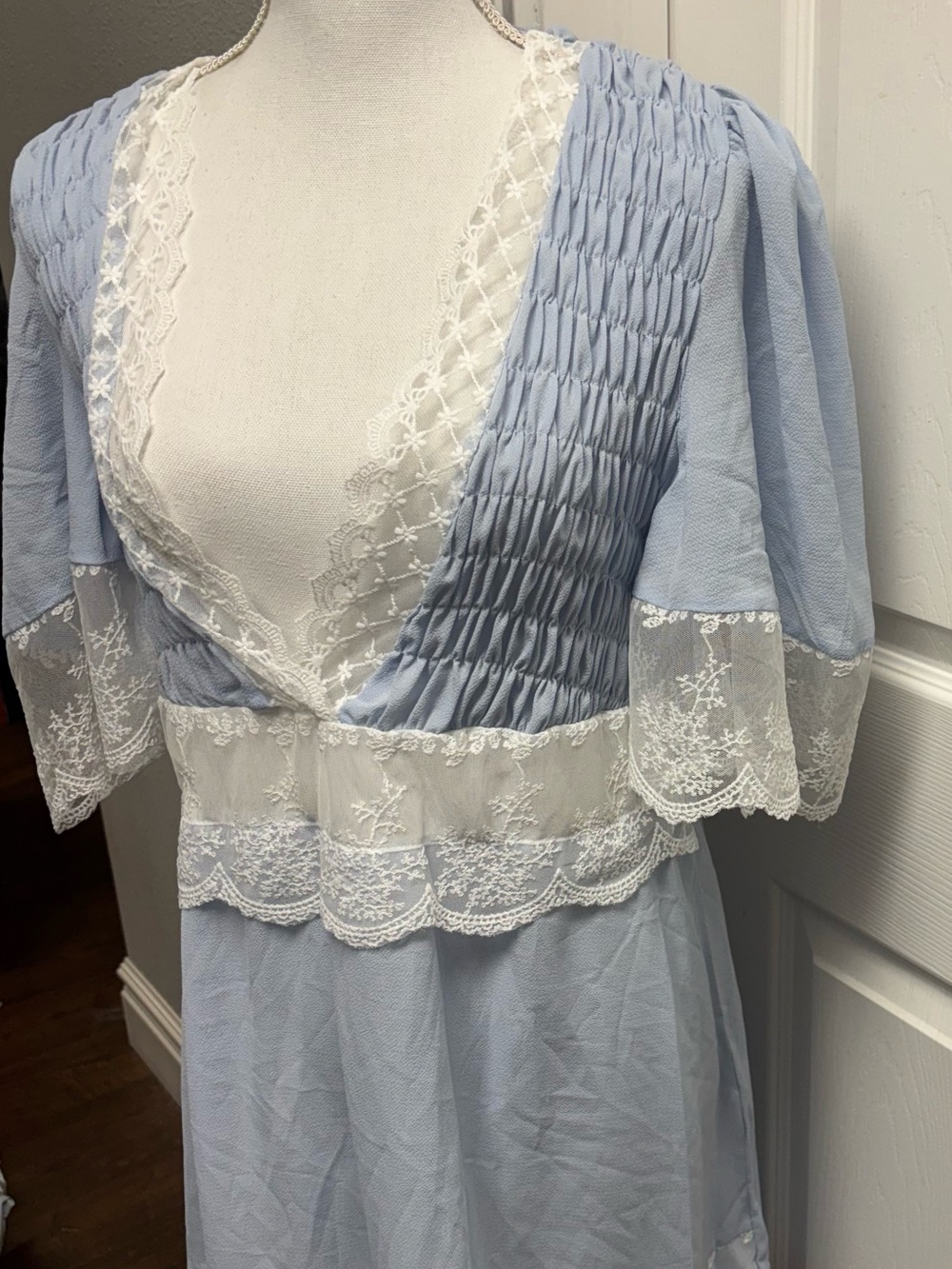 Chic Me Light Blue Lace Smocked Cottagecore Maxi Dress XL